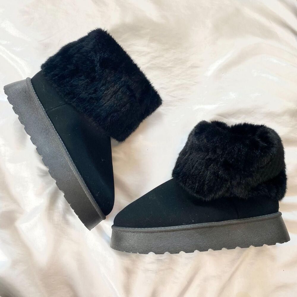 Chunky Thick Faux Suede Soft Faux Fur Lined Winter Snow Platform Booties US 9.5
